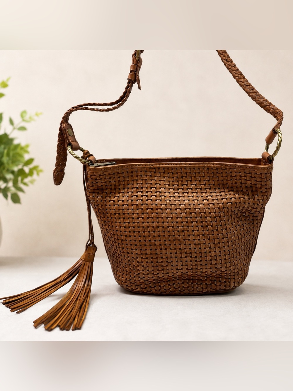 Patricia Nash Woven Leather Crossbody in Cognac Brown